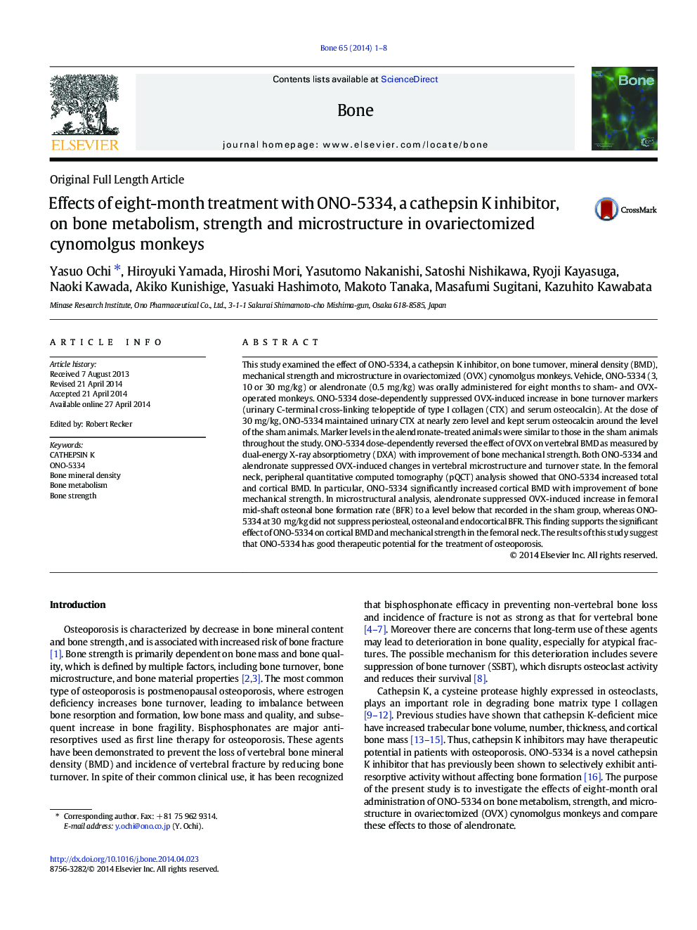 Effects of eight-month treatment with ONO-5334, a cathepsin K inhibitor, on bone metabolism, strength and microstructure in ovariectomized cynomolgus monkeys