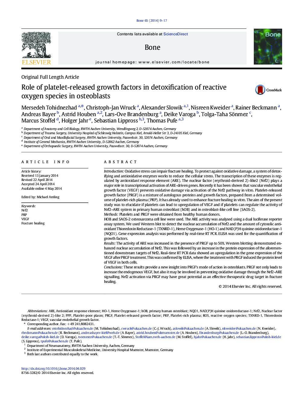 نقش عوامل رشد آزاد پلاکتی در سم زدایی از گونه های اکسیژن واکنشی در استئوبلاست ها 