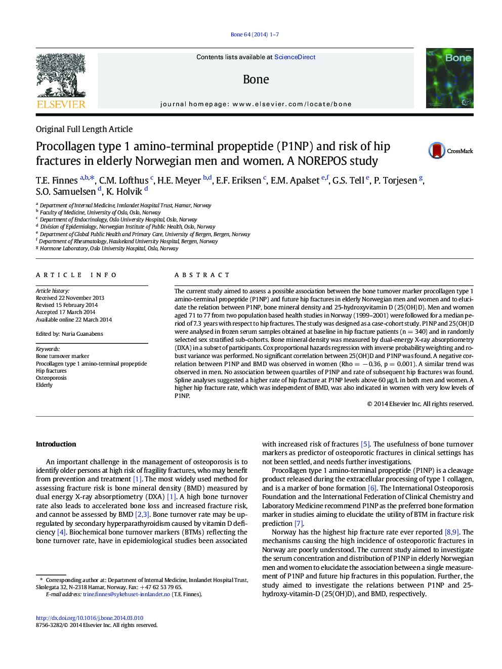 Procollagen type 1 amino-terminal propeptide (P1NP) and risk of hip fractures in elderly Norwegian men and women. A NOREPOS study