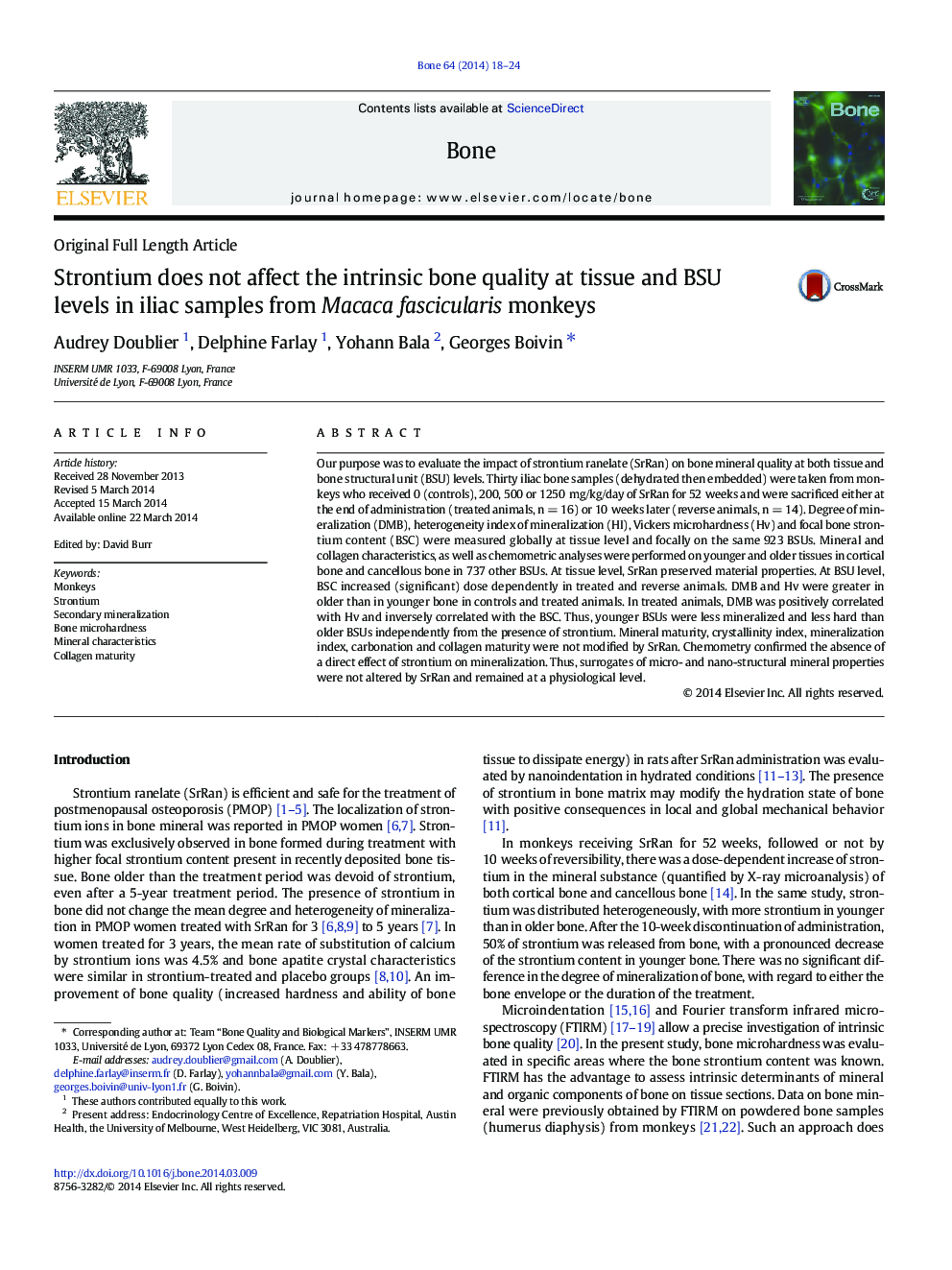 Strontium does not affect the intrinsic bone quality at tissue and BSU levels in iliac samples from Macaca fascicularis monkeys