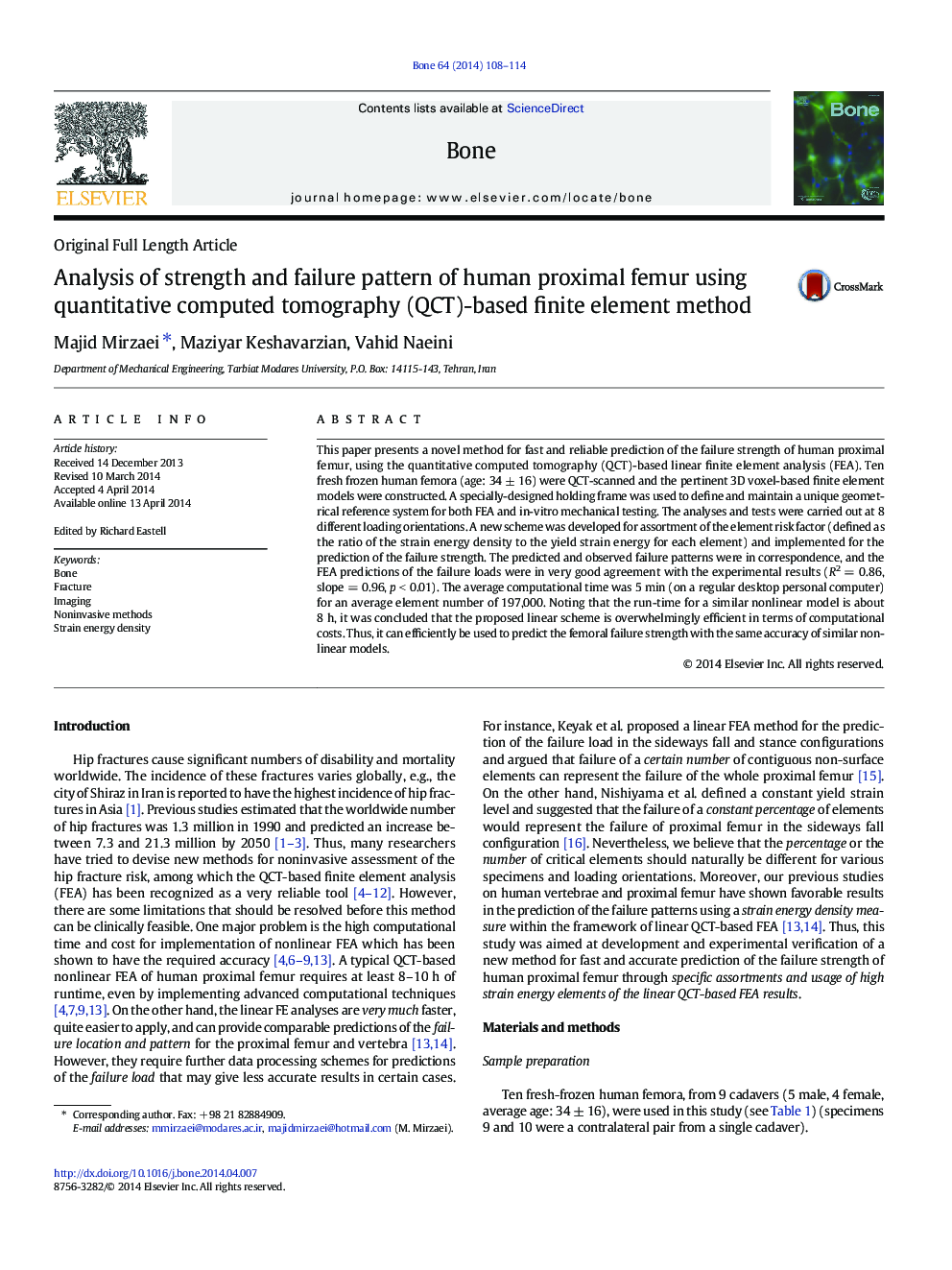 Analysis of strength and failure pattern of human proximal femur using quantitative computed tomography (QCT)-based finite element method