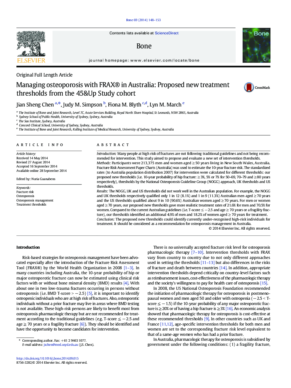 Original Full Length ArticleManaging osteoporosis with FRAX® in Australia: Proposed new treatment thresholds from the 45&Up Study cohort