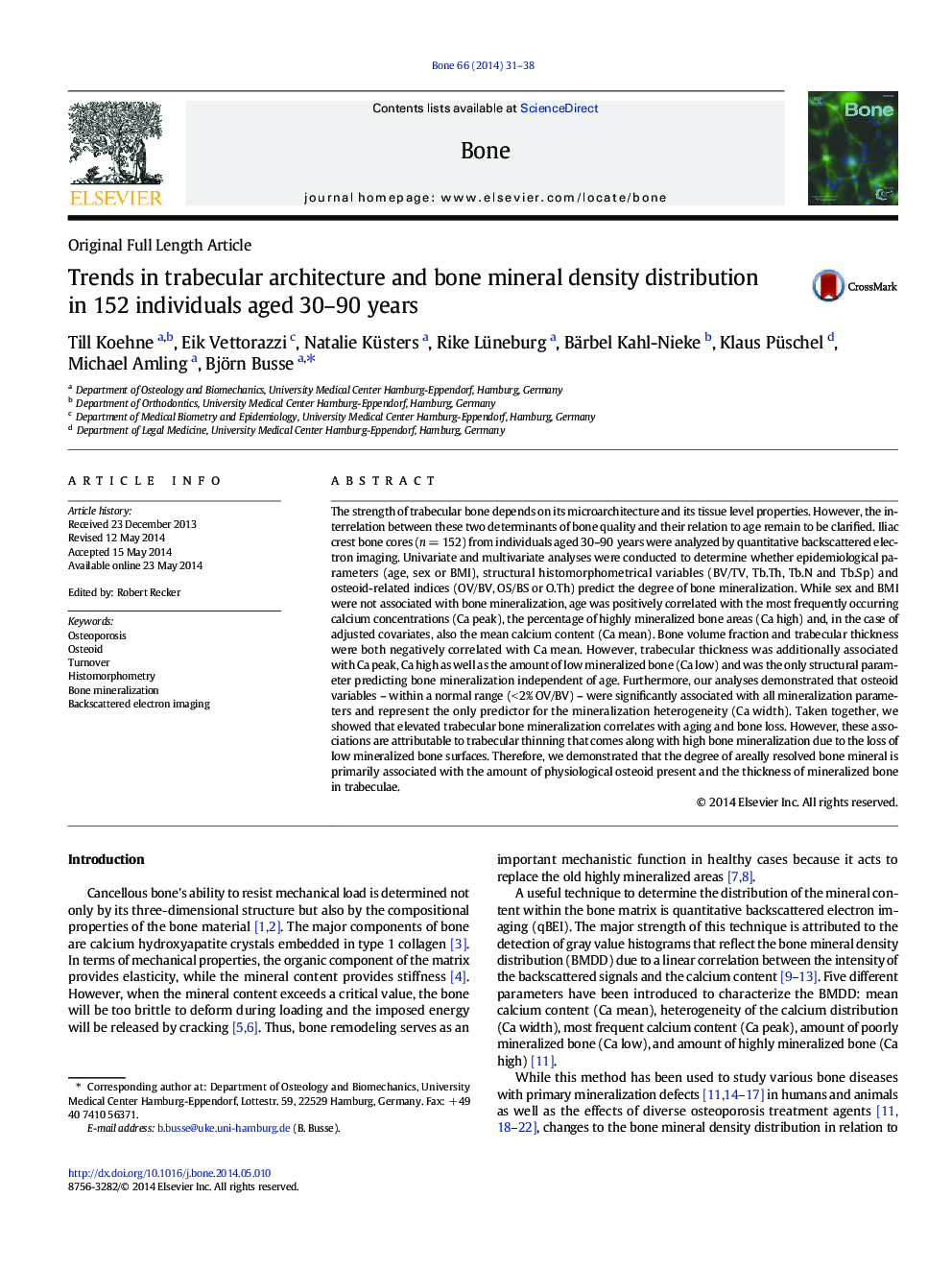 Original Full Length ArticleTrends in trabecular architecture and bone mineral density distribution in 152 individuals aged 30-90Â years