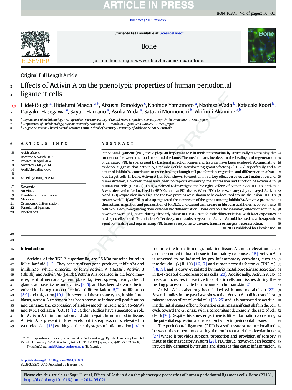 Effects of Activin A on the phenotypic properties of human periodontal ligament cells