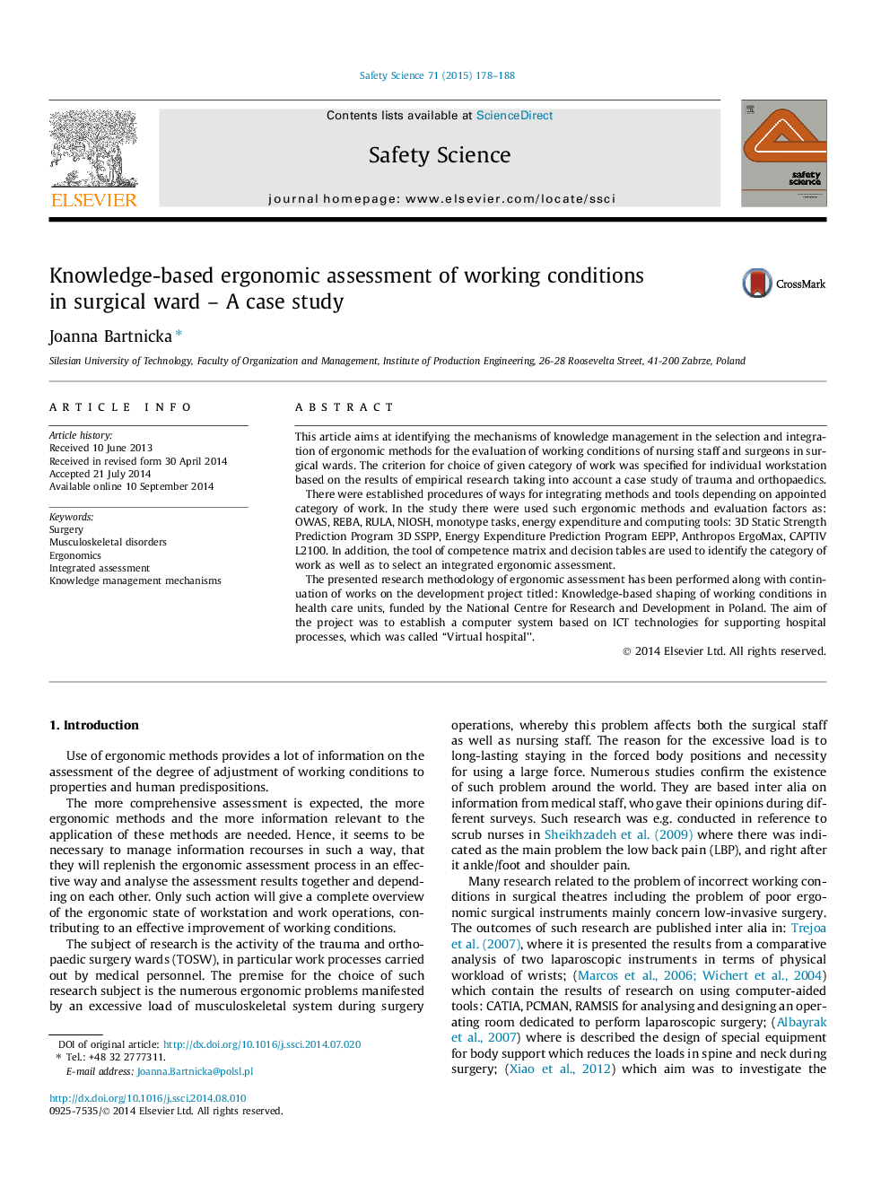 Knowledge-based ergonomic assessment of working conditions in surgical ward - A case study