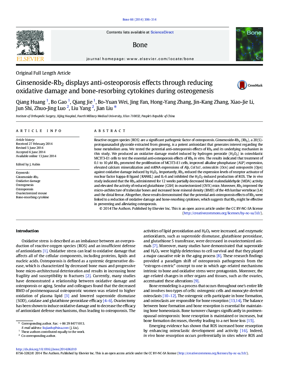 Original Full Length ArticleGinsenoside-Rb2 displays anti-osteoporosis effects through reducing oxidative damage and bone-resorbing cytokines during osteogenesis