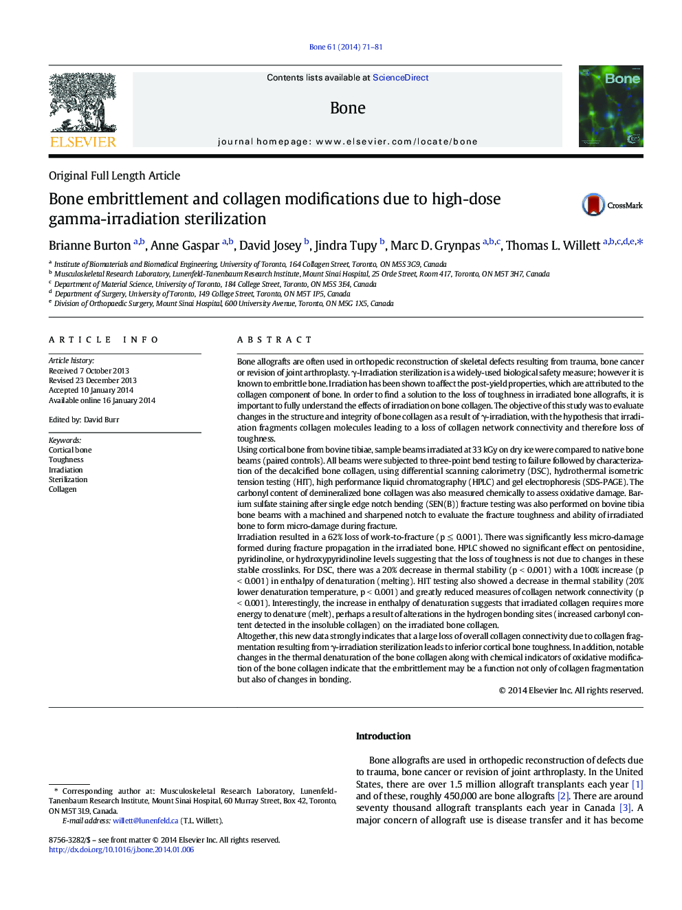 Bone embrittlement and collagen modifications due to high-dose gamma-irradiation sterilization