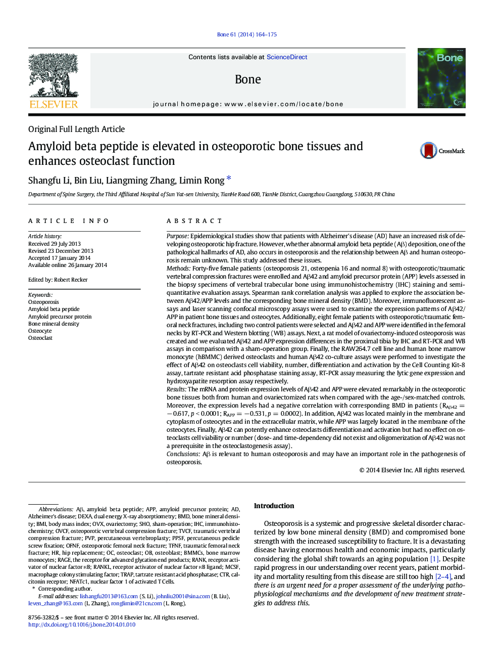 Amyloid beta peptide is elevated in osteoporotic bone tissues and enhances osteoclast function