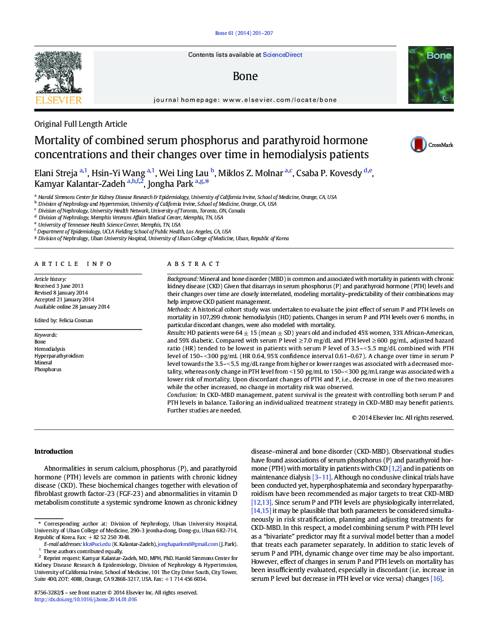 Original Full Length ArticleMortality of combined serum phosphorus and parathyroid hormone concentrations and their changes over time in hemodialysis patients