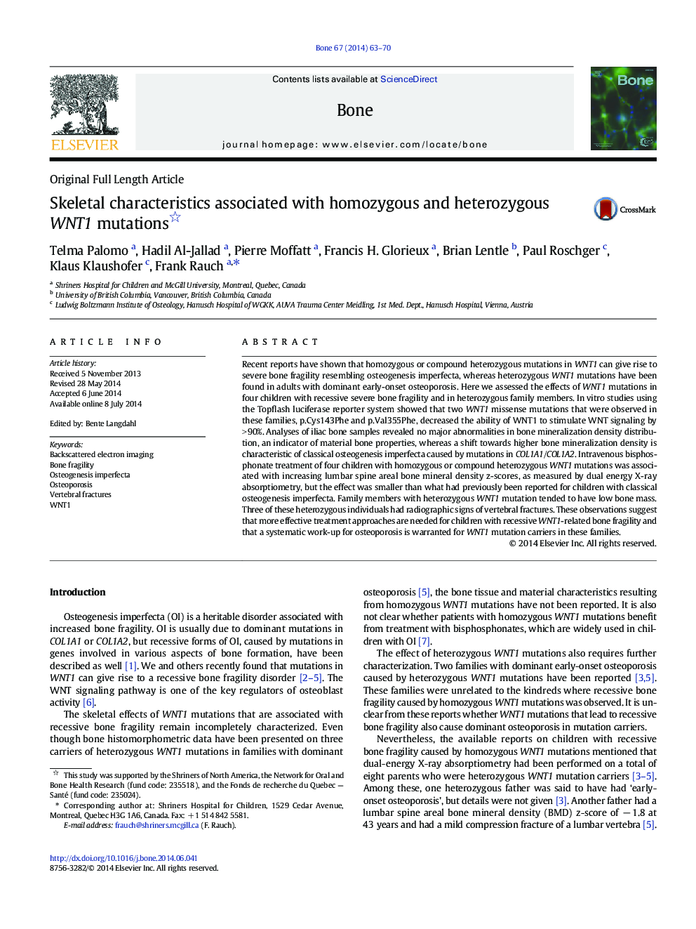 Skeletal characteristics associated with homozygous and heterozygous WNT1 mutations