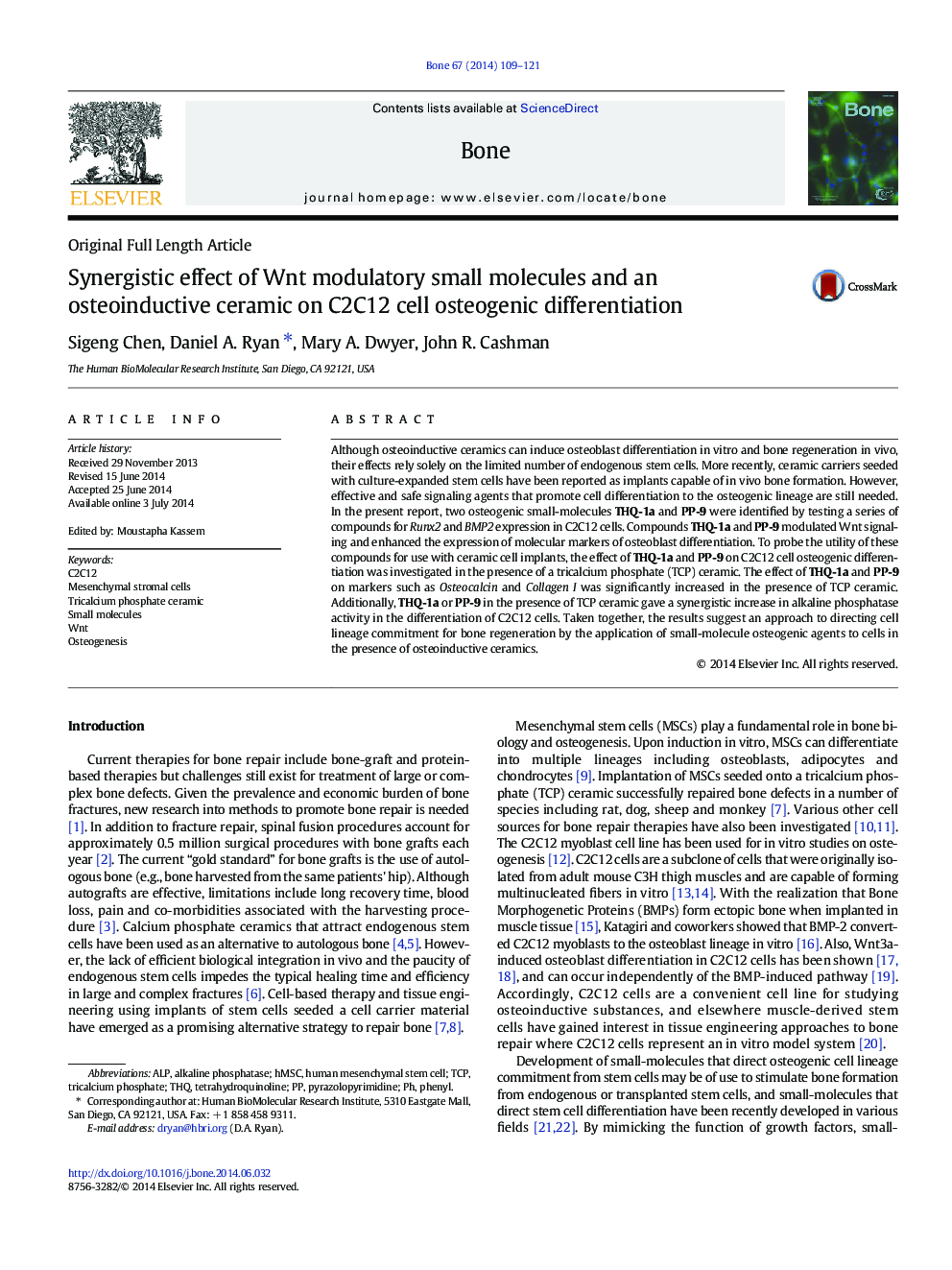 Synergistic effect of Wnt modulatory small molecules and an osteoinductive ceramic on C2C12 cell osteogenic differentiation