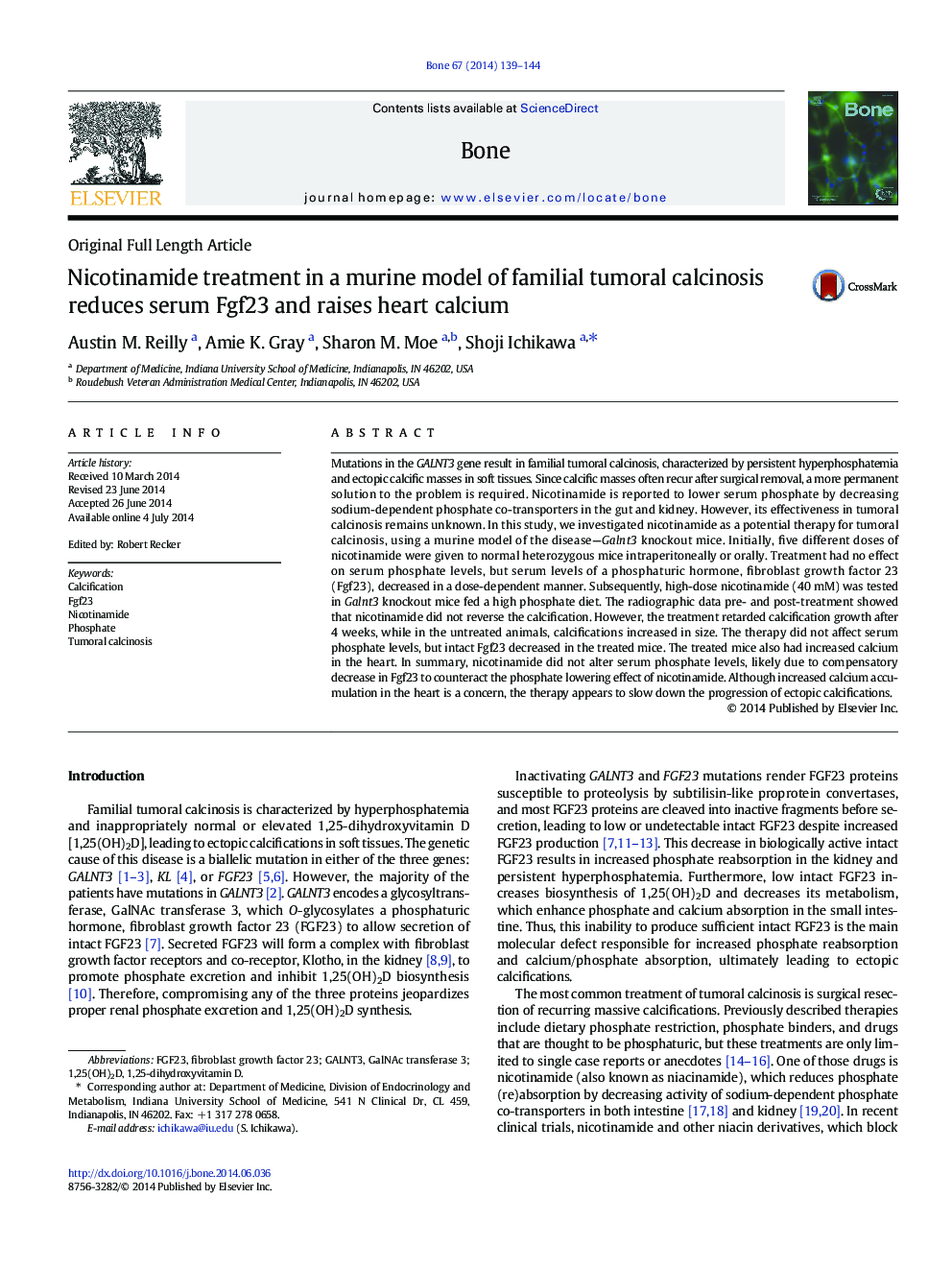 Nicotinamide treatment in a murine model of familial tumoral calcinosis reduces serum Fgf23 and raises heart calcium