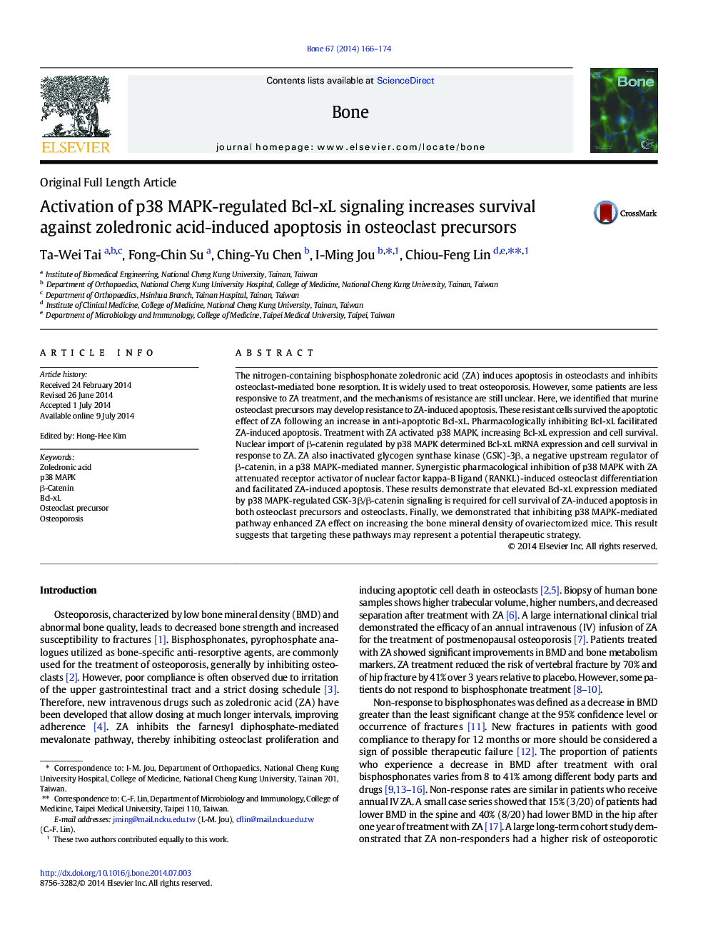 Activation of p38 MAPK-regulated Bcl-xL signaling increases survival against zoledronic acid-induced apoptosis in osteoclast precursors