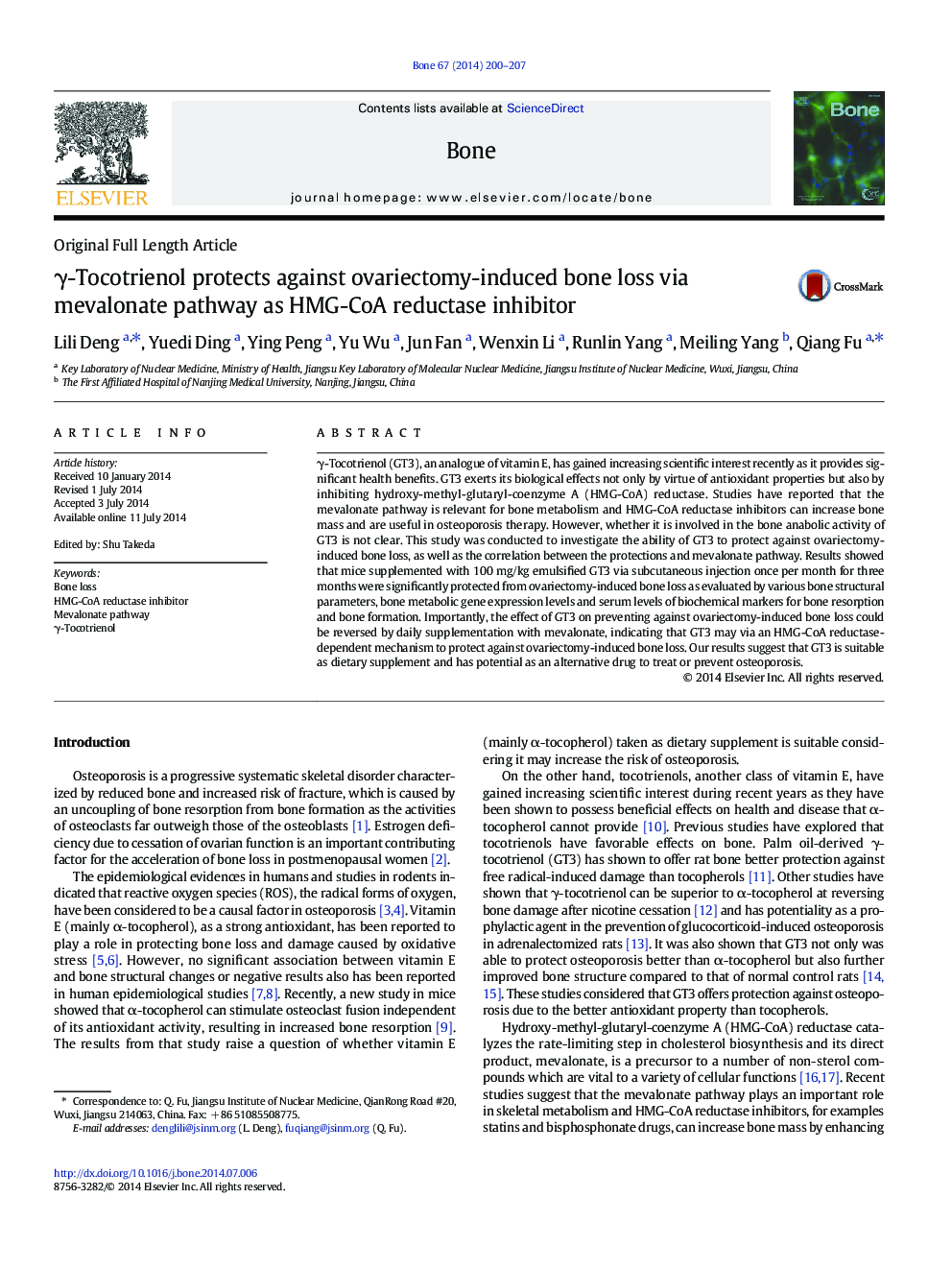 Original Full Length ArticleÎ³-Tocotrienol protects against ovariectomy-induced bone loss via mevalonate pathway as HMG-CoA reductase inhibitor