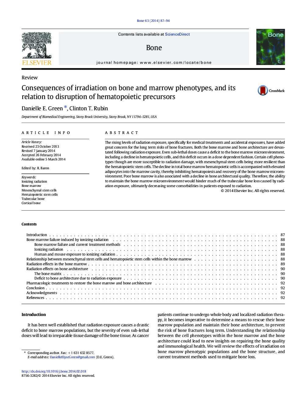 ReviewConsequences of irradiation on bone and marrow phenotypes, and its relation to disruption of hematopoietic precursors