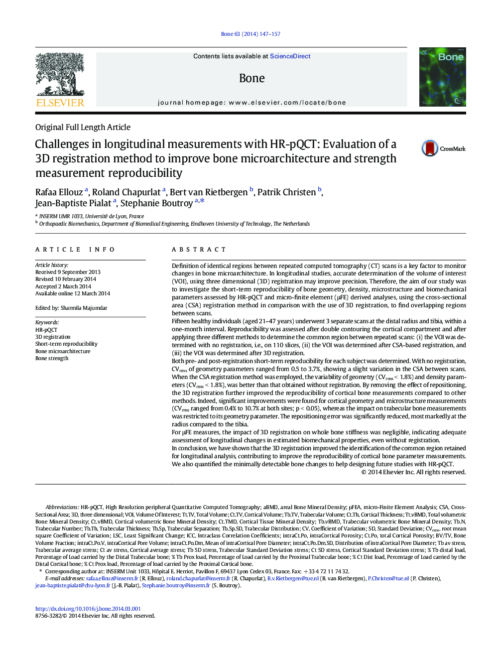 Challenges in longitudinal measurements with HR-pQCT: Evaluation of a 3D registration method to improve bone microarchitecture and strength measurement reproducibility