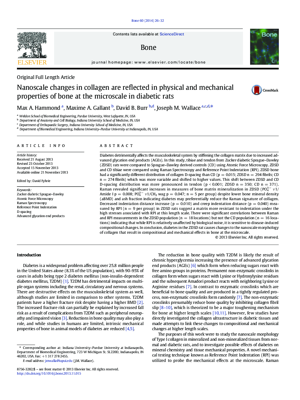 Original Full Length ArticleNanoscale changes in collagen are reflected in physical and mechanical properties of bone at the microscale in diabetic rats