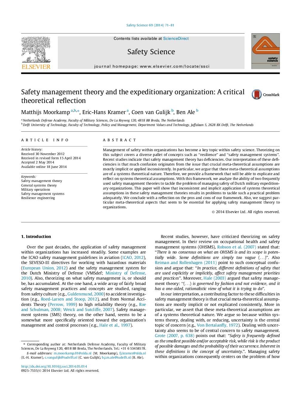 Safety management theory and the expeditionary organization: A critical theoretical reflection