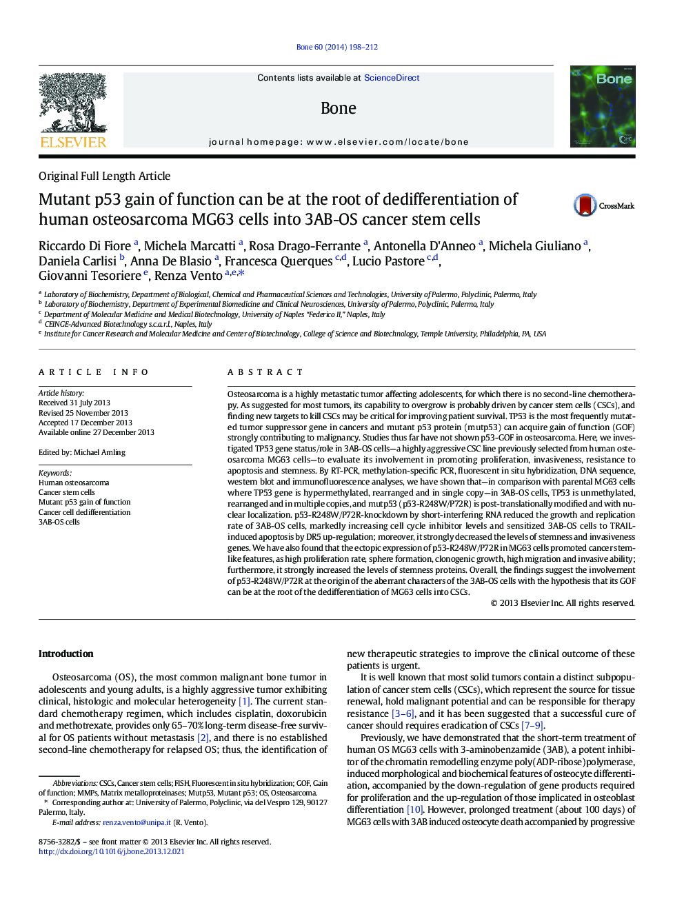 Mutant p53 gain of function can be at the root of dedifferentiation of human osteosarcoma MG63 cells into 3AB-OS cancer stem cells