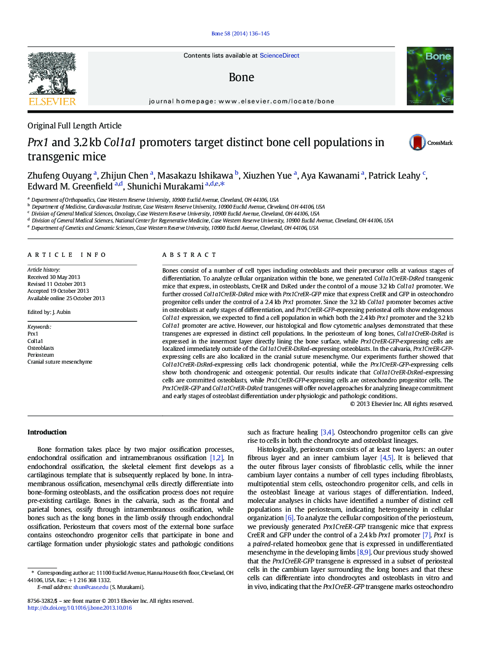 Prx1 and 3.2Â kb Col1a1 promoters target distinct bone cell populations in transgenic mice