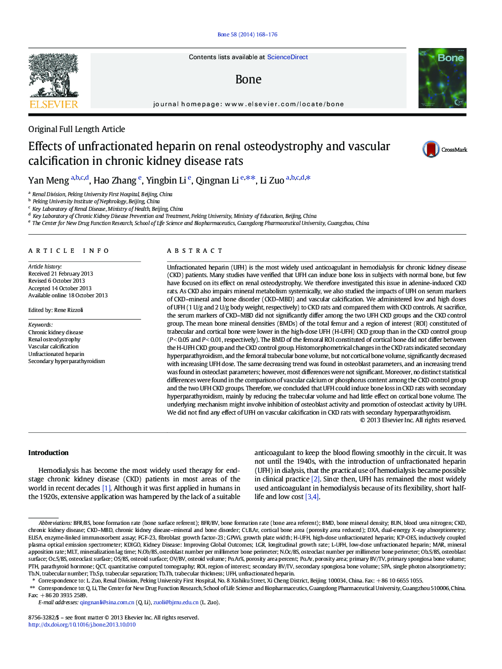 Effects of unfractionated heparin on renal osteodystrophy and vascular calcification in chronic kidney disease rats