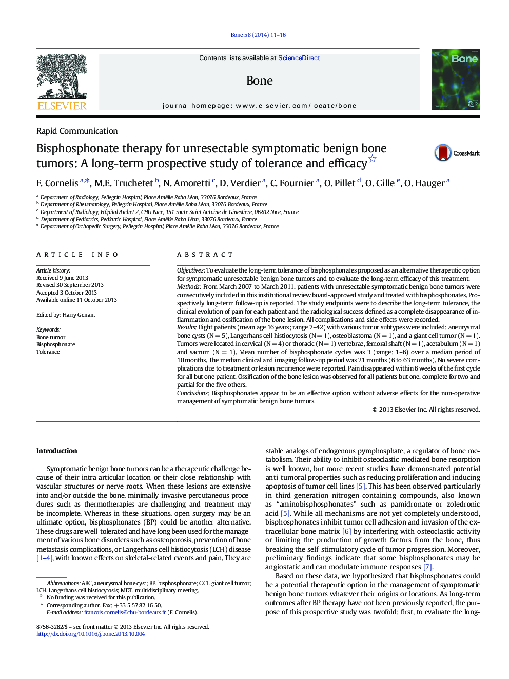 Rapid CommunicationBisphosphonate therapy for unresectable symptomatic benign bone tumors: A long-term prospective study of tolerance and efficacy