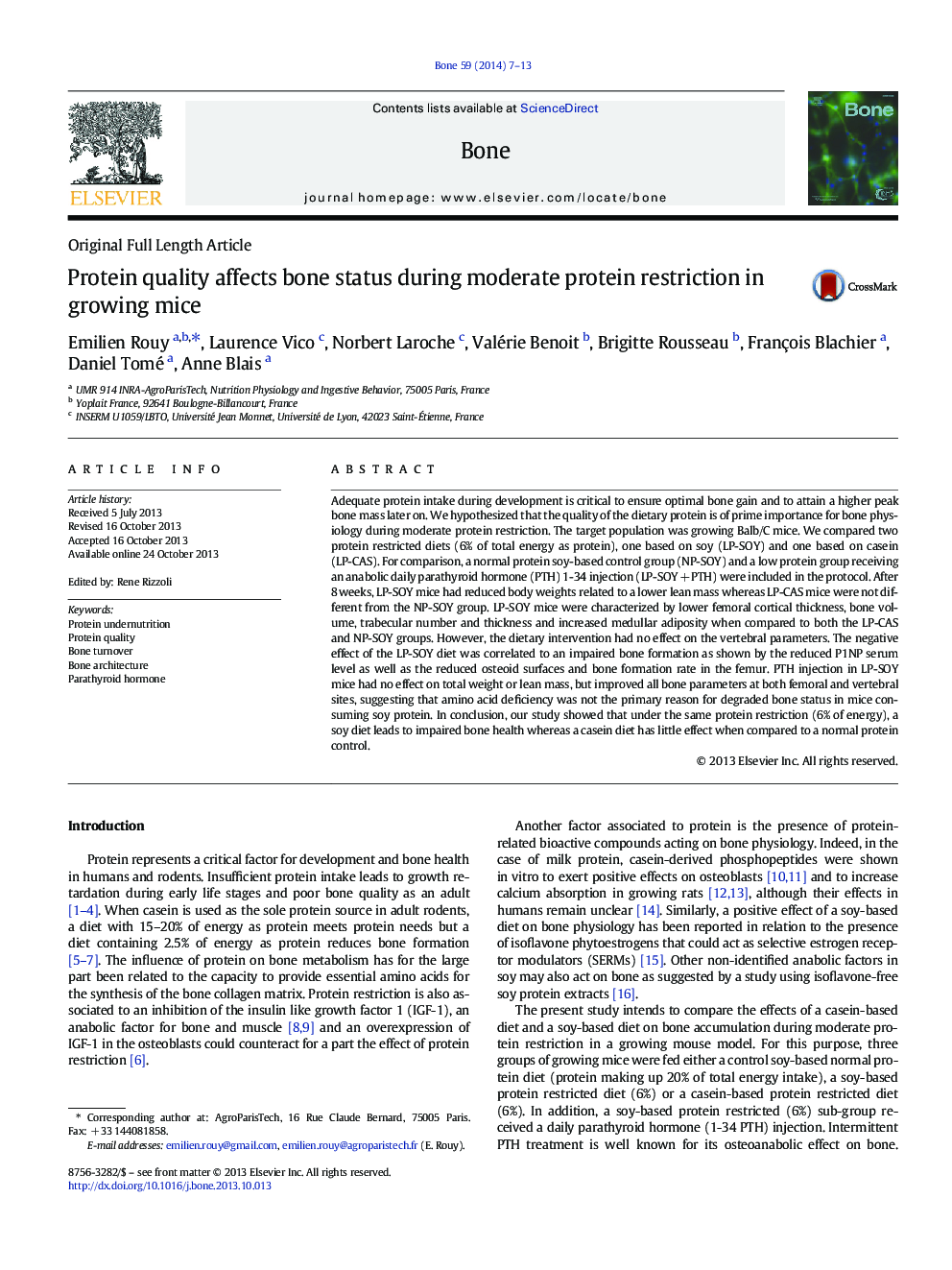 Protein quality affects bone status during moderate protein restriction in growing mice