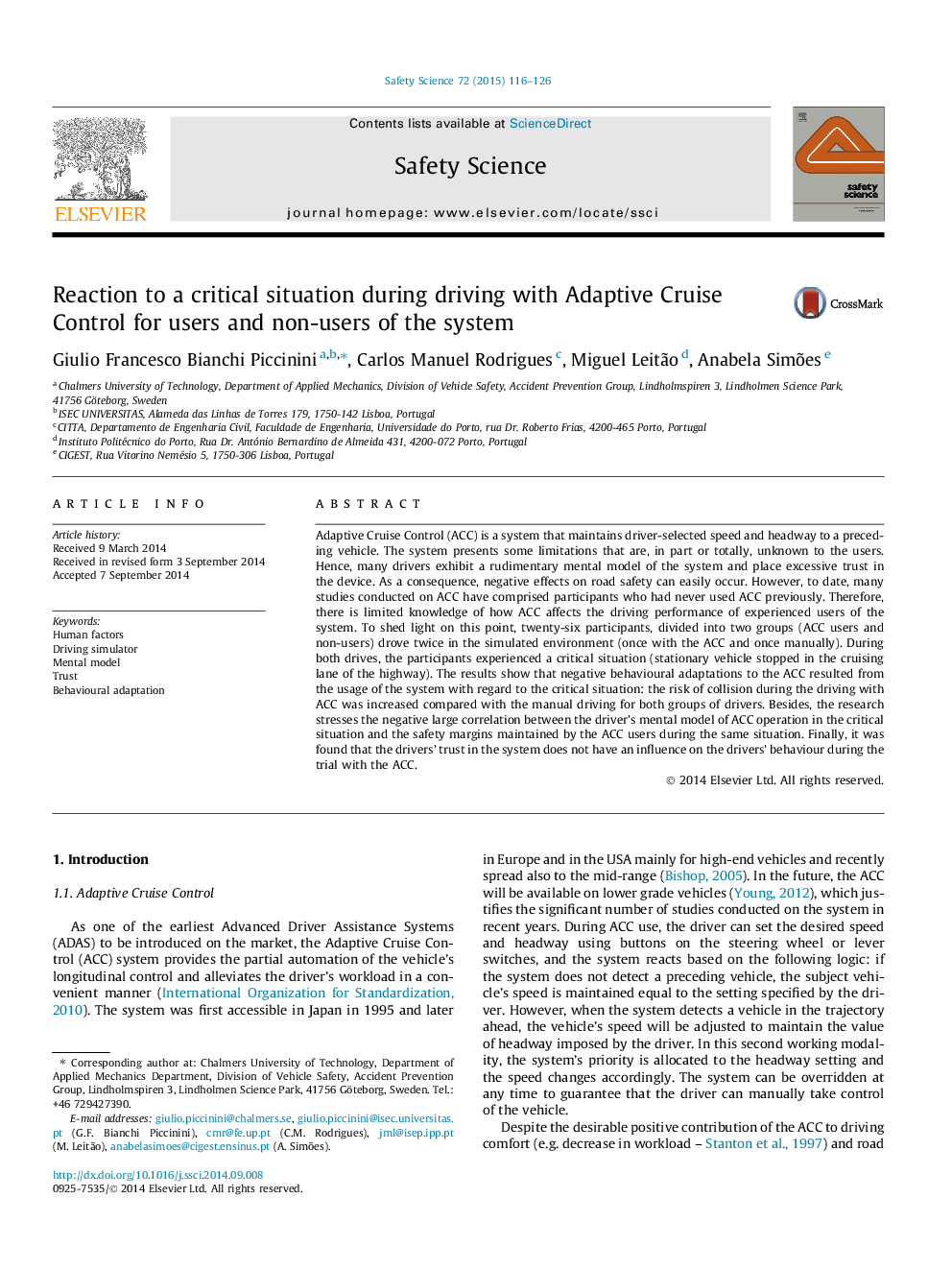 Reaction to a critical situation during driving with Adaptive Cruise Control for users and non-users of the system