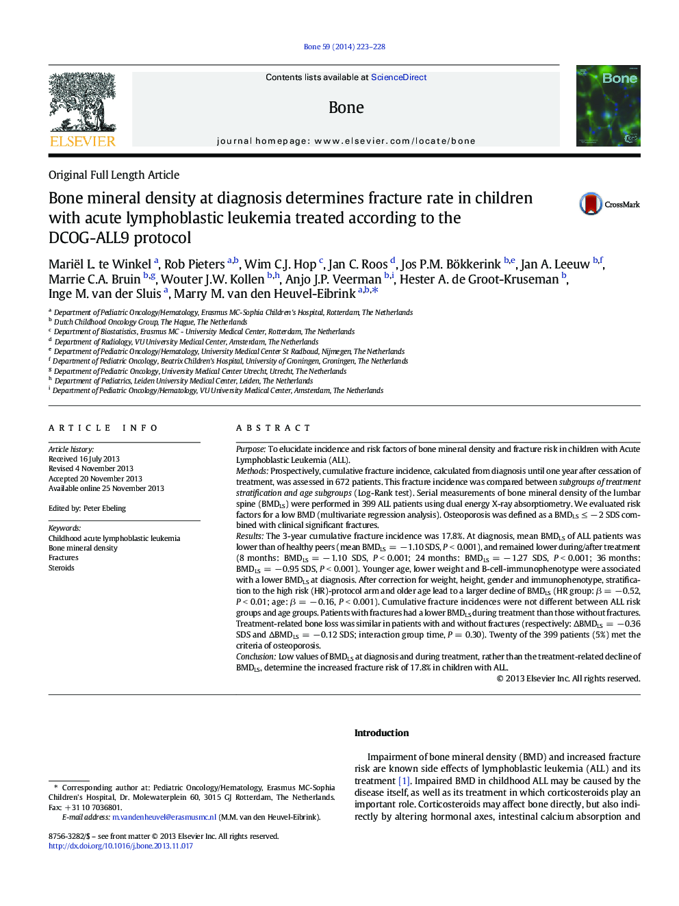 Original Full Length ArticleBone mineral density at diagnosis determines fracture rate in children with acute lymphoblastic leukemia treated according to the DCOG-ALL9 protocol