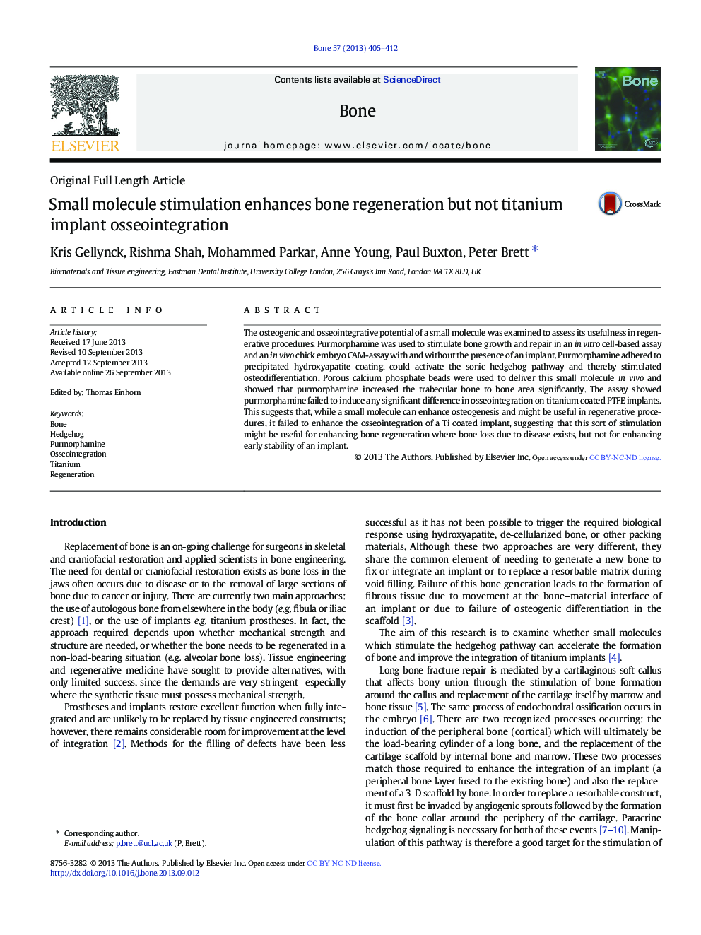 Original Full Length ArticleSmall molecule stimulation enhances bone regeneration but not titanium implant osseointegration