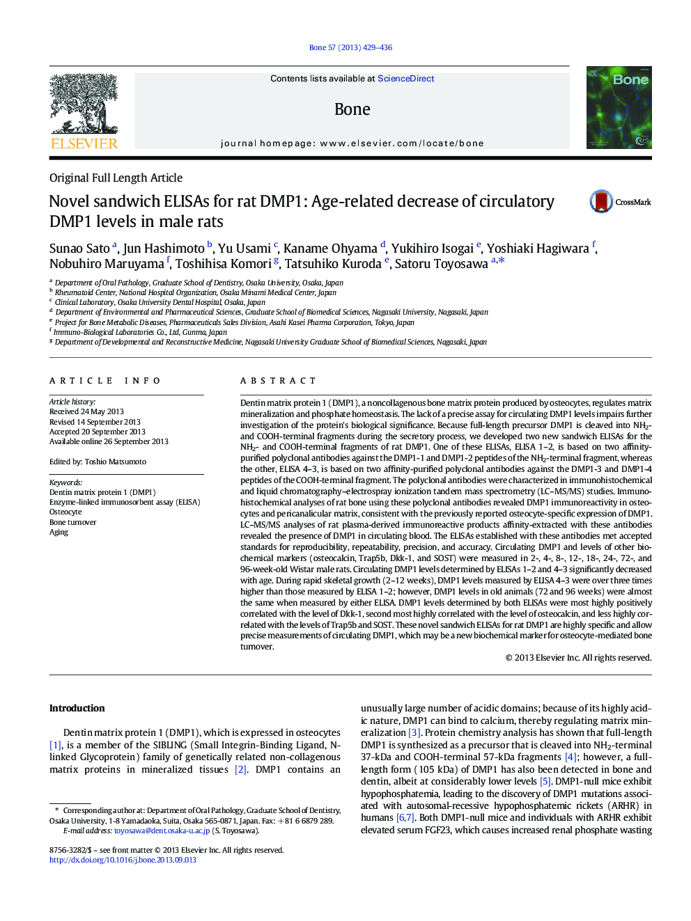 Novel sandwich ELISAs for rat DMP1: Age-related decrease of circulatory DMP1 levels in male rats