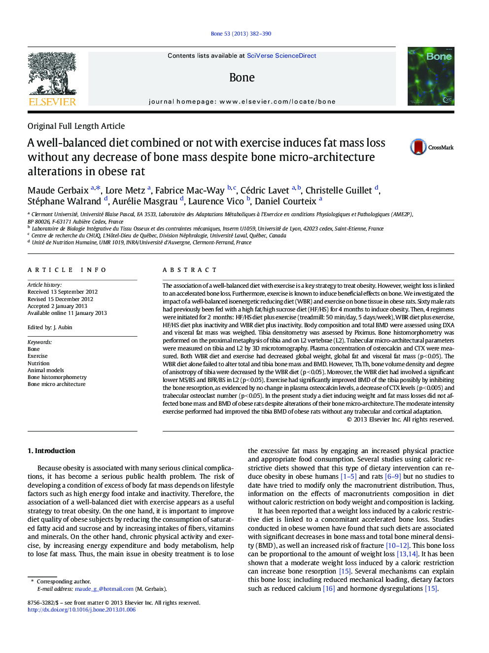 A well-balanced diet combined or not with exercise induces fat mass loss without any decrease of bone mass despite bone micro-architecture alterations in obese rat