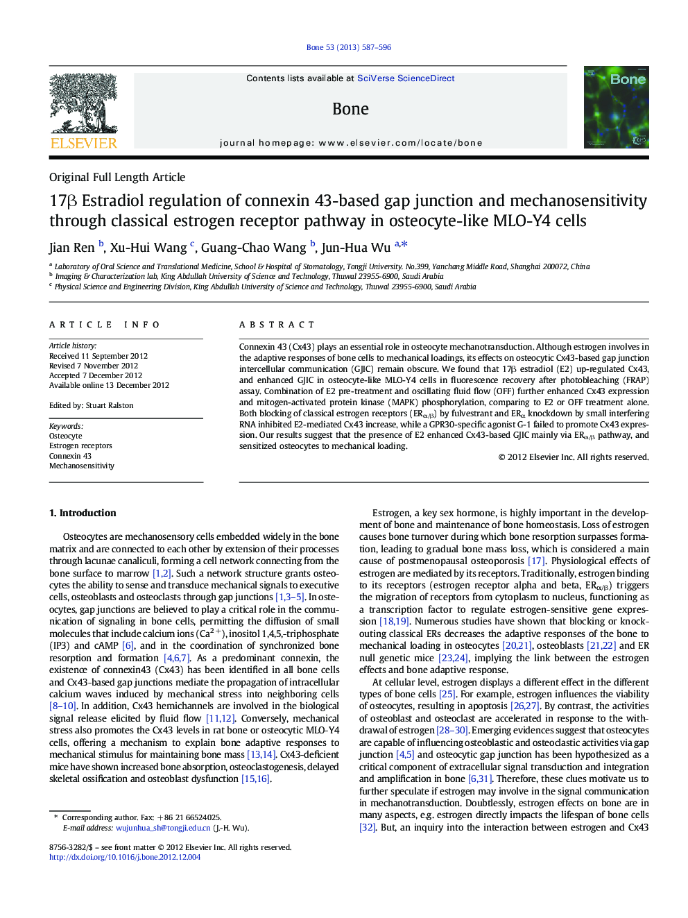 17Î² Estradiol regulation of connexin 43-based gap junction and mechanosensitivity through classical estrogen receptor pathway in osteocyte-like MLO-Y4 cells