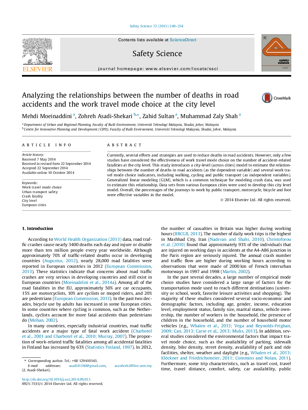 Analyzing the relationships between the number of deaths in road accidents and the work travel mode choice at the city level