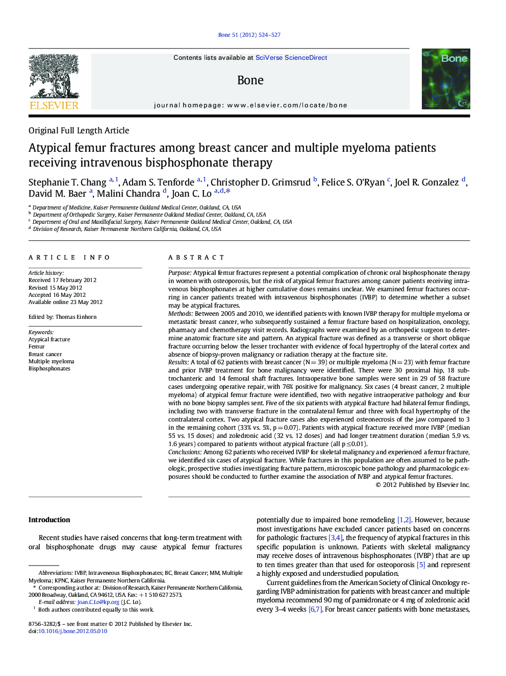 Atypical femur fractures among breast cancer and multiple myeloma patients receiving intravenous bisphosphonate therapy