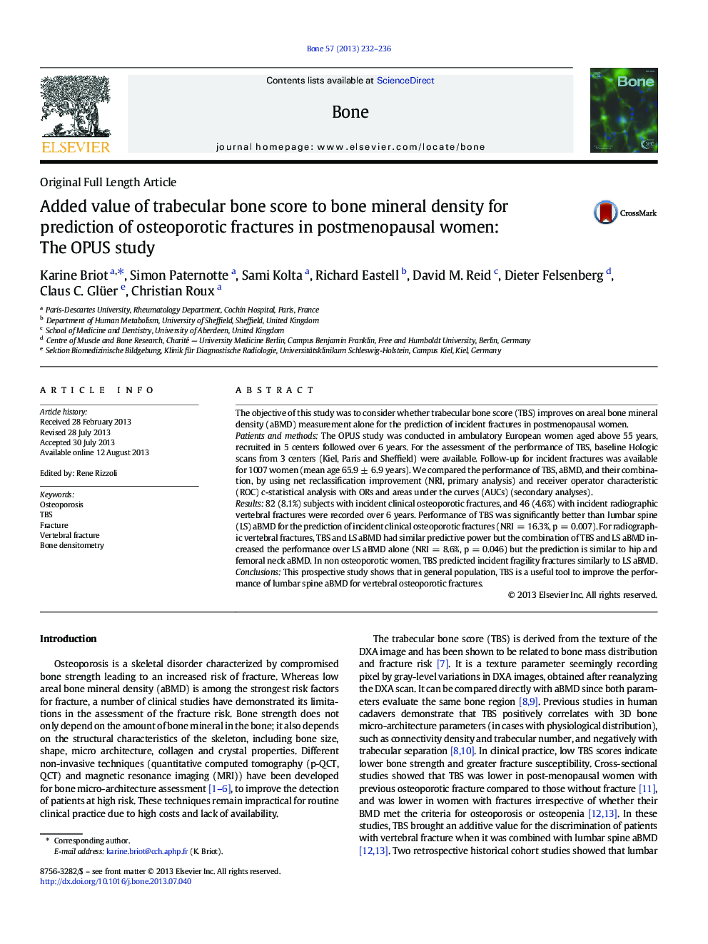 Added value of trabecular bone score to bone mineral density for prediction of osteoporotic fractures in postmenopausal women: The OPUS study