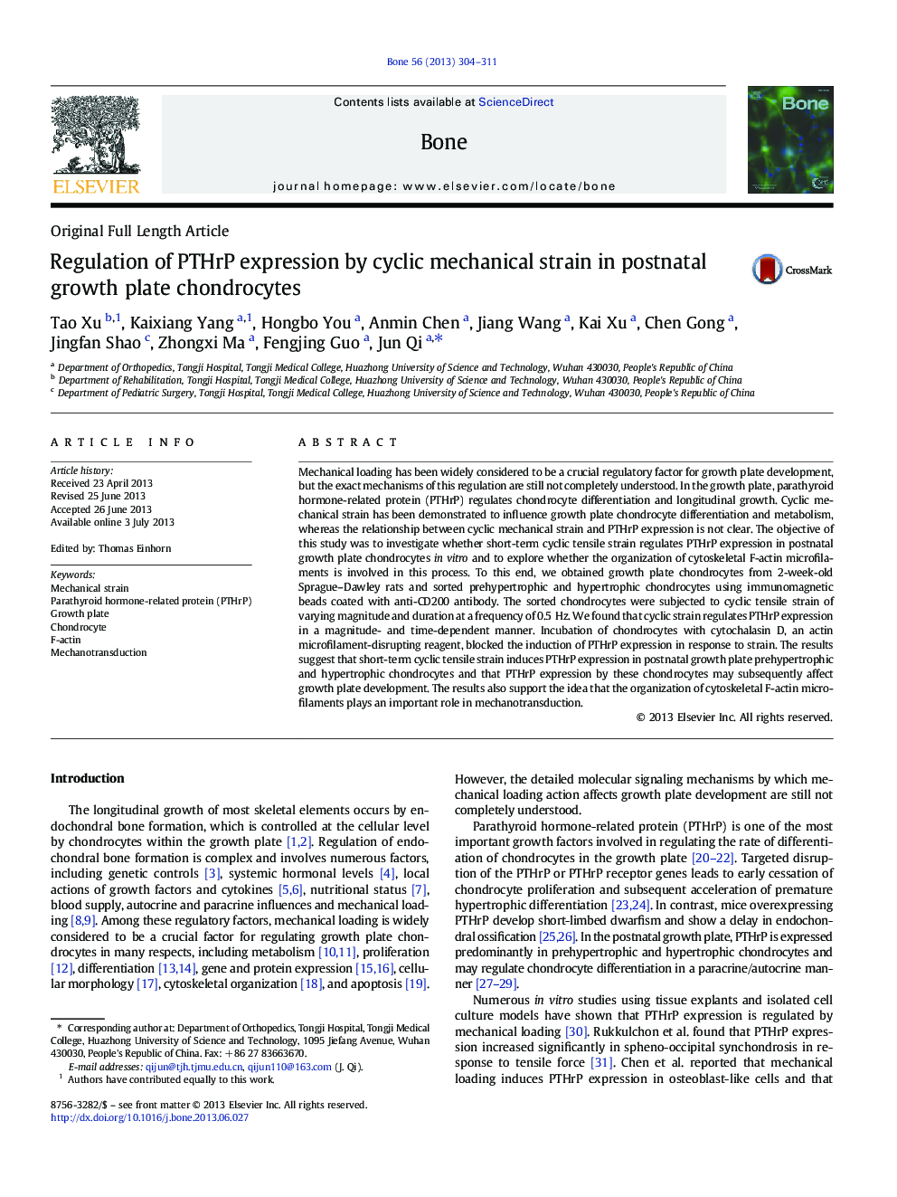 Original Full Length ArticleRegulation of PTHrP expression by cyclic mechanical strain in postnatal growth plate chondrocytes