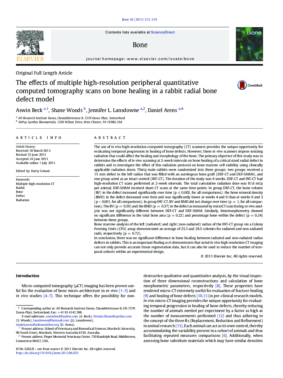 The effects of multiple high-resolution peripheral quantitative computed tomography scans on bone healing in a rabbit radial bone defect model