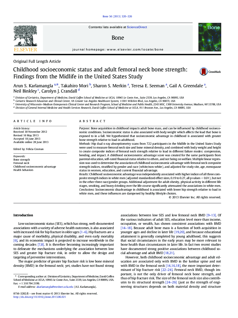 Childhood socioeconomic status and adult femoral neck bone strength: Findings from the Midlife in the United States Study