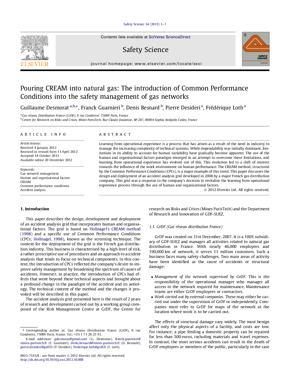 Pouring CREAM into natural gas: The introduction of Common Performance Conditions into the safety management of gas networks