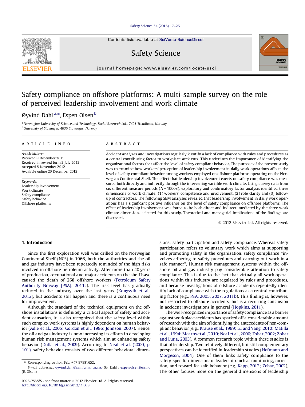 Safety compliance on offshore platforms: A multi-sample survey on the role of perceived leadership involvement and work climate