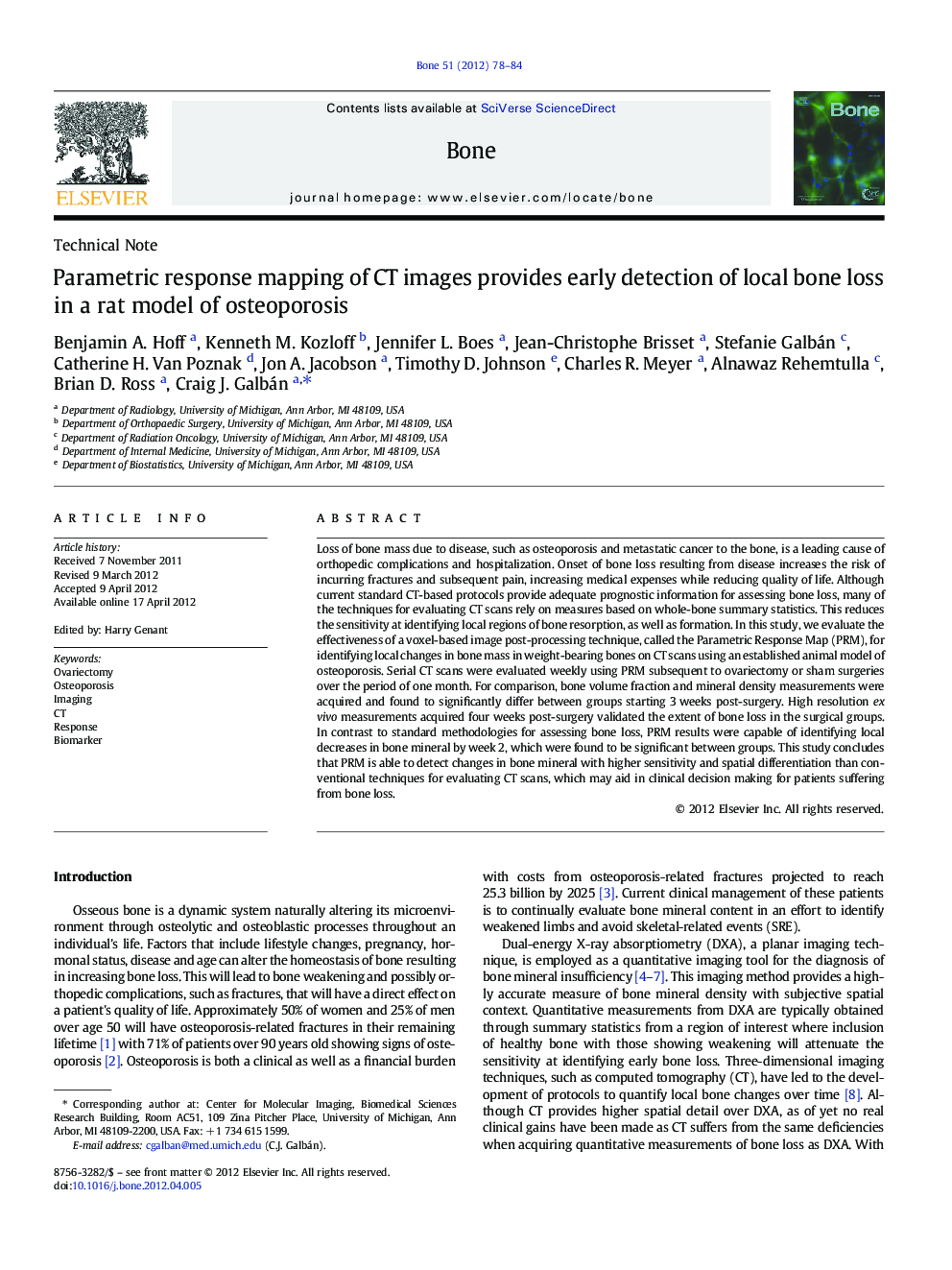 Parametric response mapping of CT images provides early detection of local bone loss in a rat model of osteoporosis