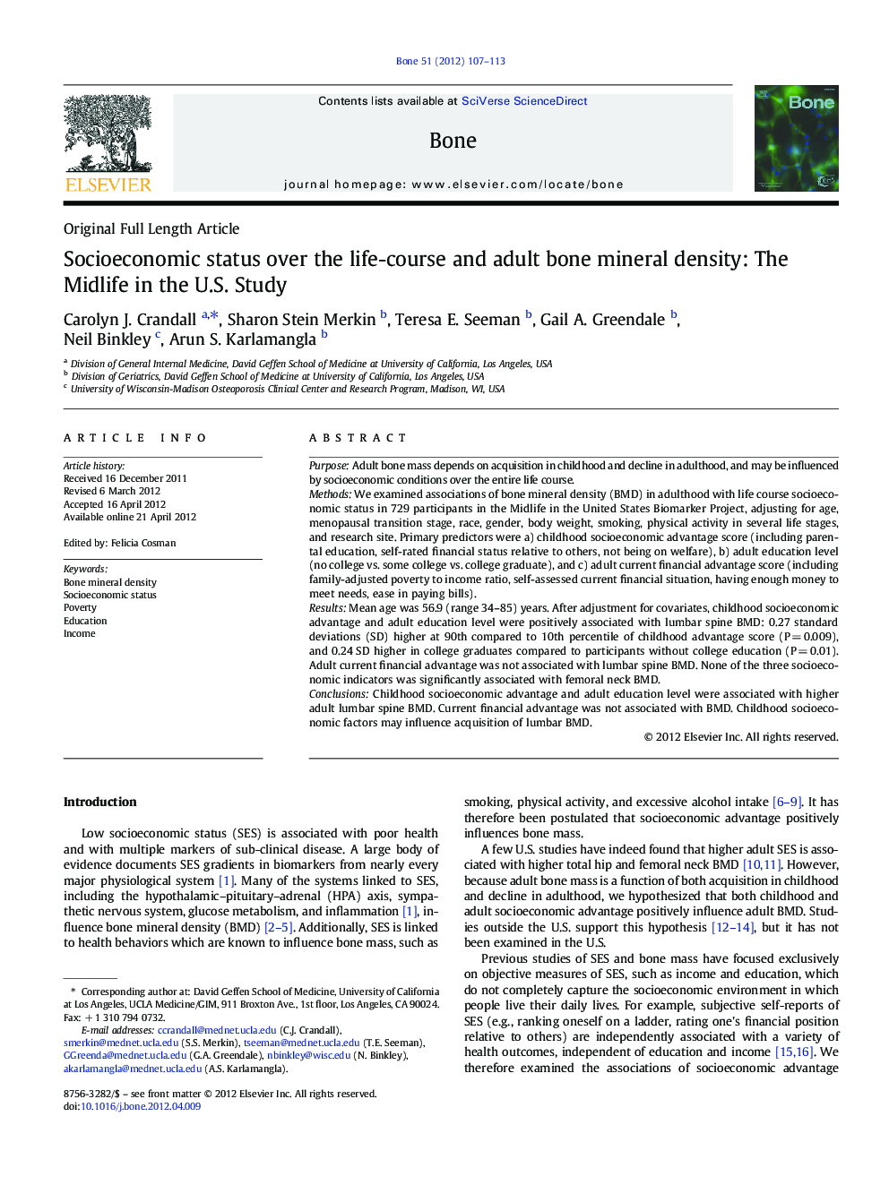 Socioeconomic status over the life-course and adult bone mineral density: The Midlife in the U.S. Study