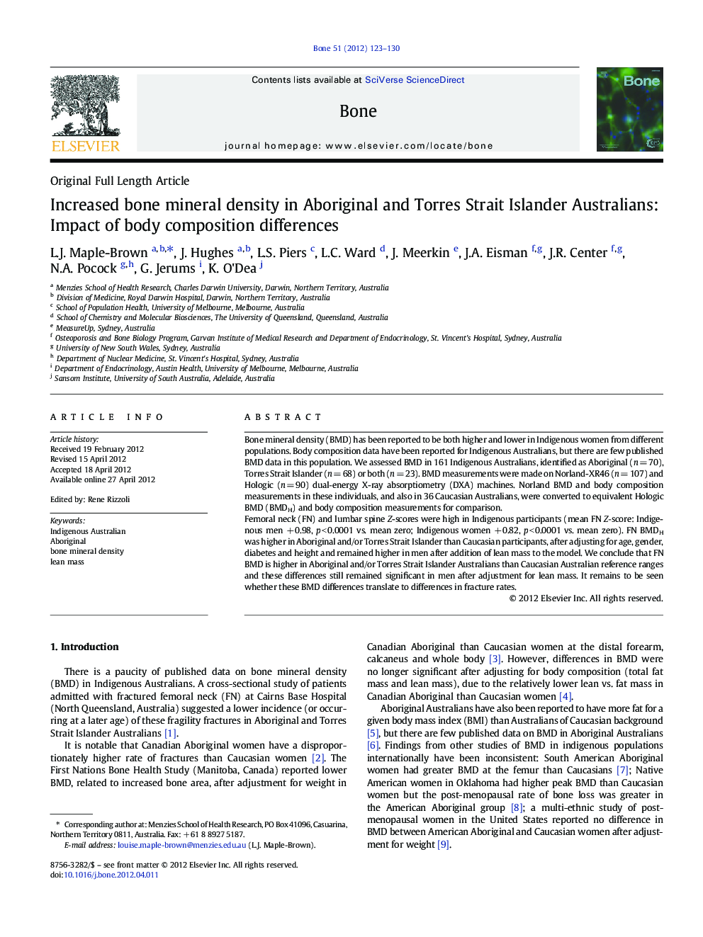 Increased bone mineral density in Aboriginal and Torres Strait Islander Australians: Impact of body composition differences