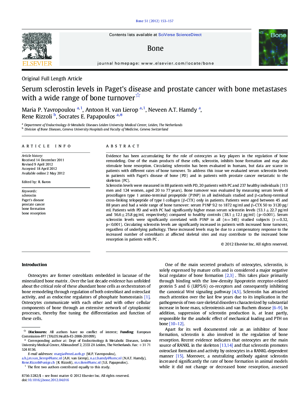 Serum sclerostin levels in Paget's disease and prostate cancer with bone metastases with a wide range of bone turnover