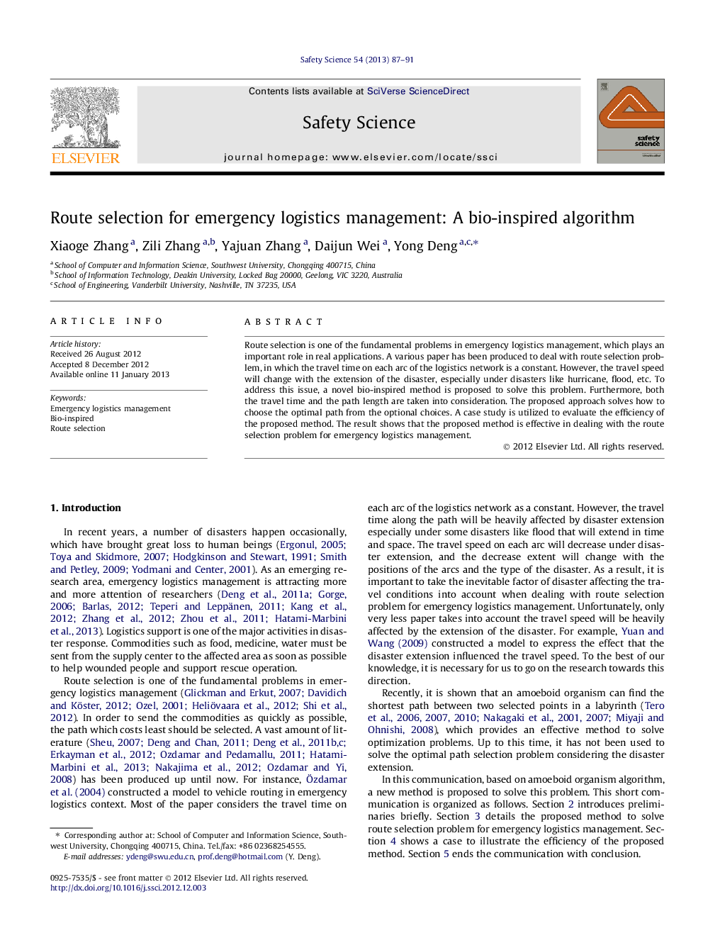 Route selection for emergency logistics management: A bio-inspired algorithm