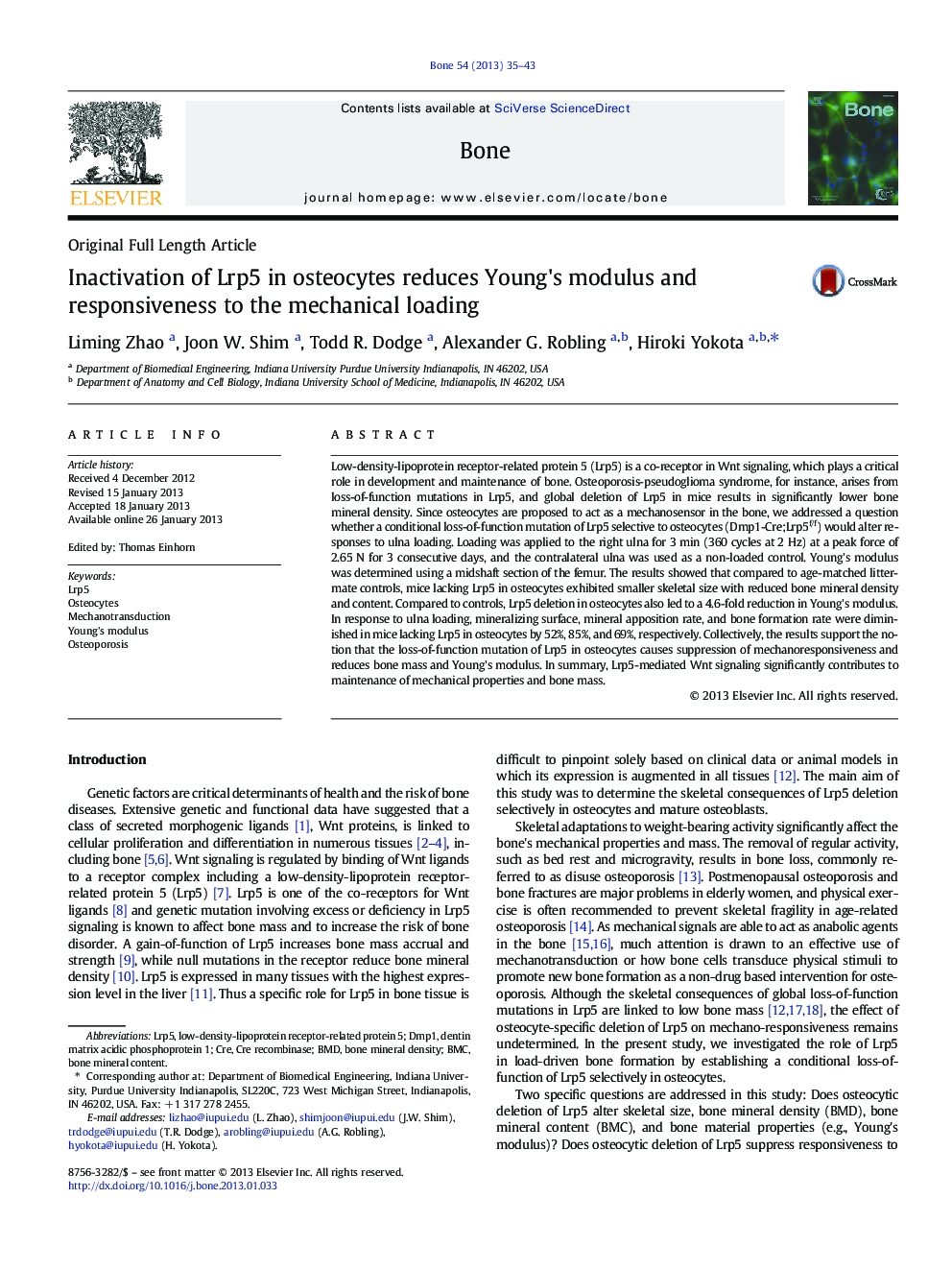 عکس صفحه اول مقاله: Inactivation of Lrp5 in osteocytes reduces Young's modulus and responsiveness to the mechanical loading Inactivation of Lrp5 in osteocytes reduces Young's modulus and responsiveness to the mechanical loading