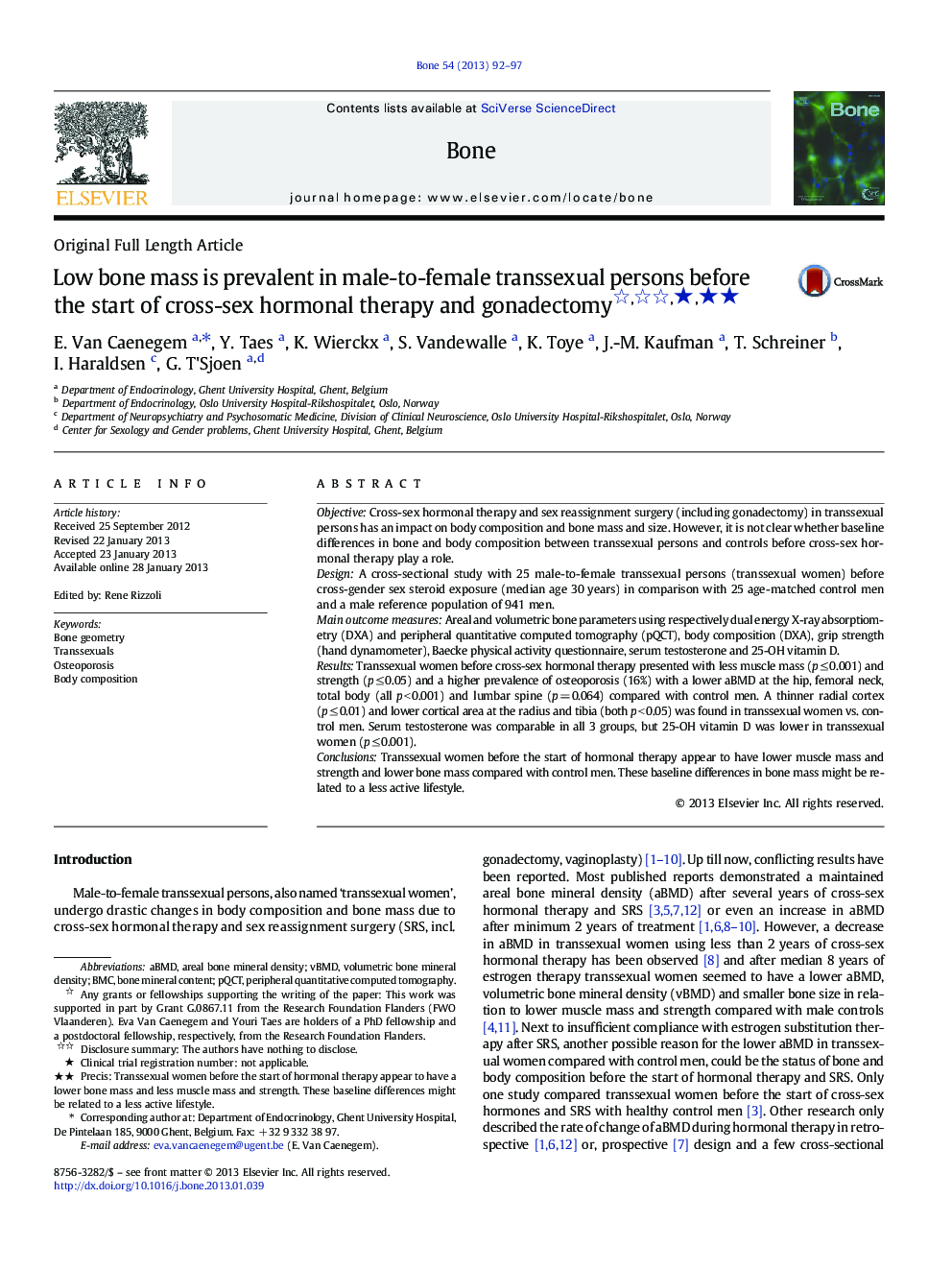 Low bone mass is prevalent in male-to-female transsexual persons before the start of cross-sex hormonal therapy and gonadectomyâââ