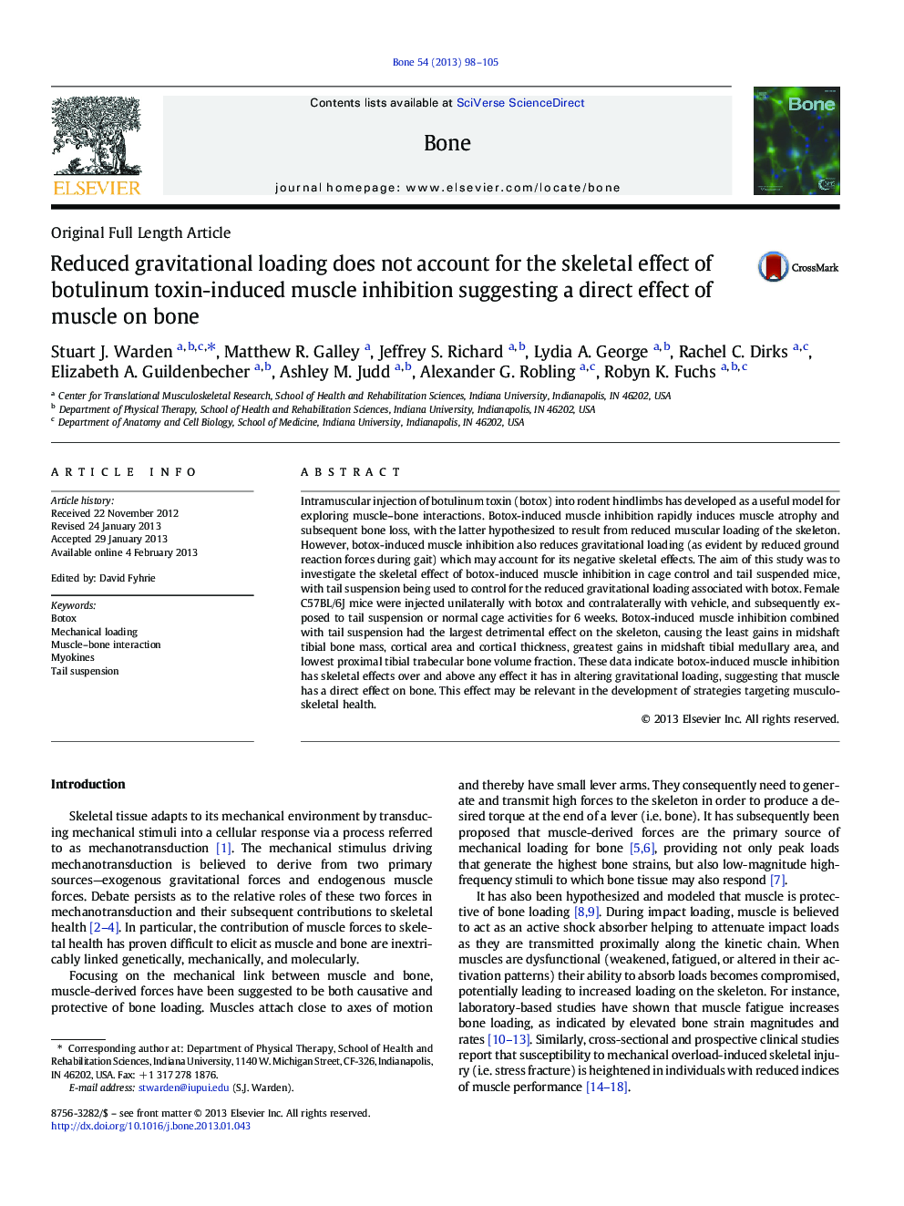 Original Full Length ArticleReduced gravitational loading does not account for the skeletal effect of botulinum toxin-induced muscle inhibition suggesting a direct effect of muscle on bone