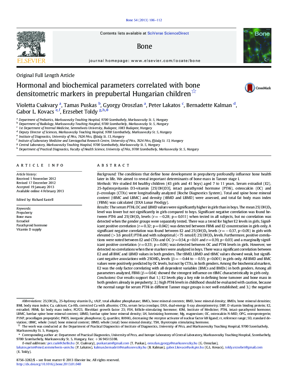 Hormonal and biochemical parameters correlated with bone densitometric markers in prepubertal Hungarian children